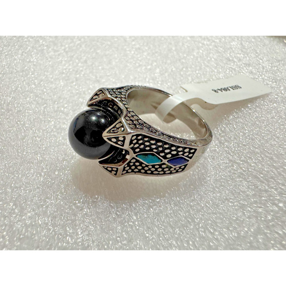 Stainless Steel Unisex Ring 7.5 Black Onyx Pearl Turquoise Statement Chunky - Picture 1 of 8